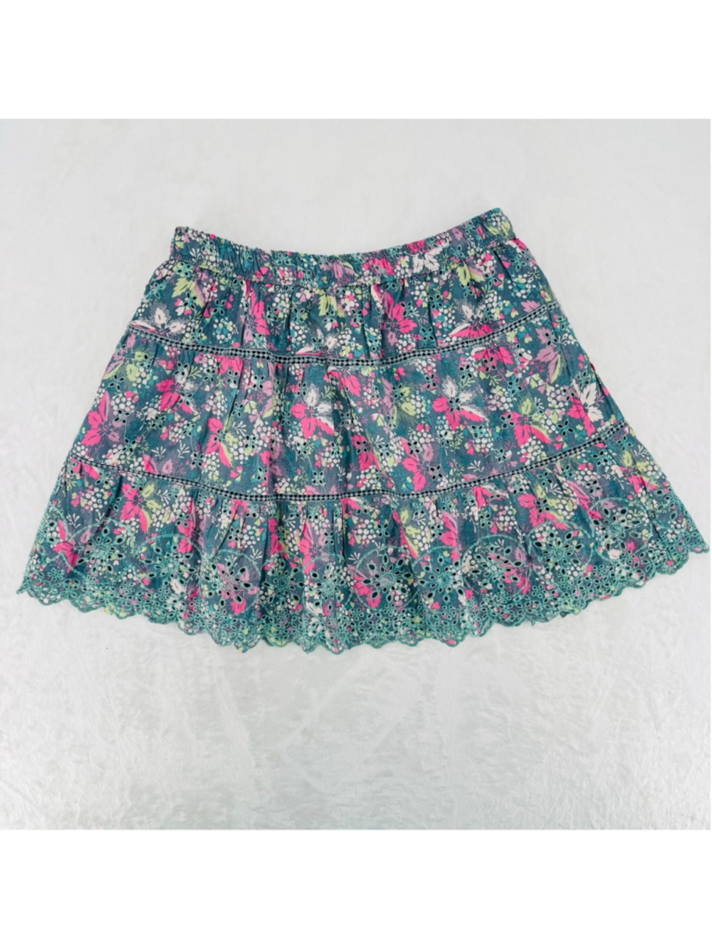 Tiered Eyelet Mini Skirt Dainty Floral Boho Cottagecore Cotton Fairy Size Medium